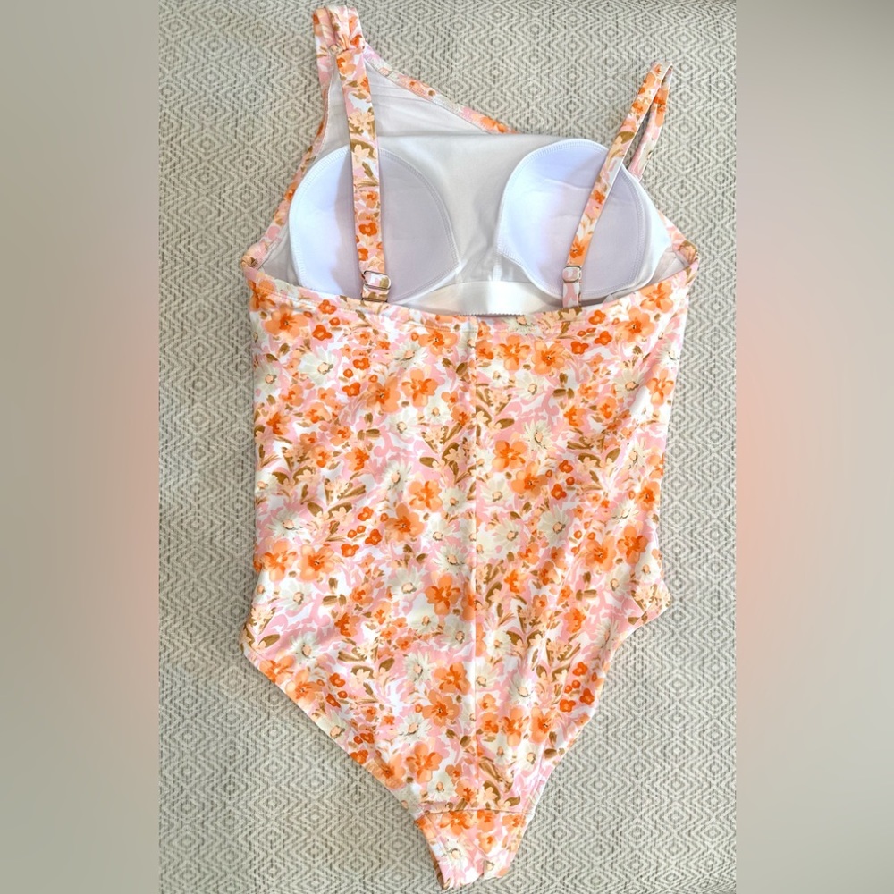 Kona Sol One Shoulder Orange Floral Print Shirred Sides & High Back Coverage. - Picture 4 of 7
